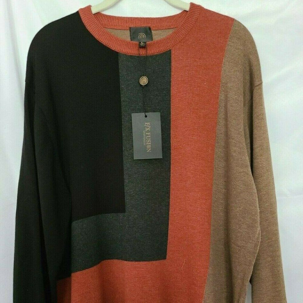 FX Fusion Men’s Large Sweater Colorblock Tan Rust Gray Cotton Blend Pullover NWT